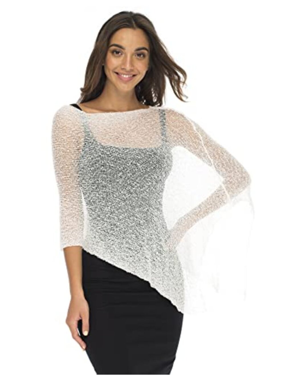 Sheer Knit Poncho Shrug Sweater - 3/4 Sleeve Pullover